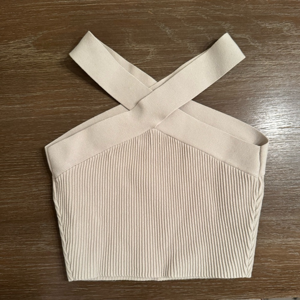 Babaton Beige Ribbed Cross-Front Halter Top - Picture 2 of 4